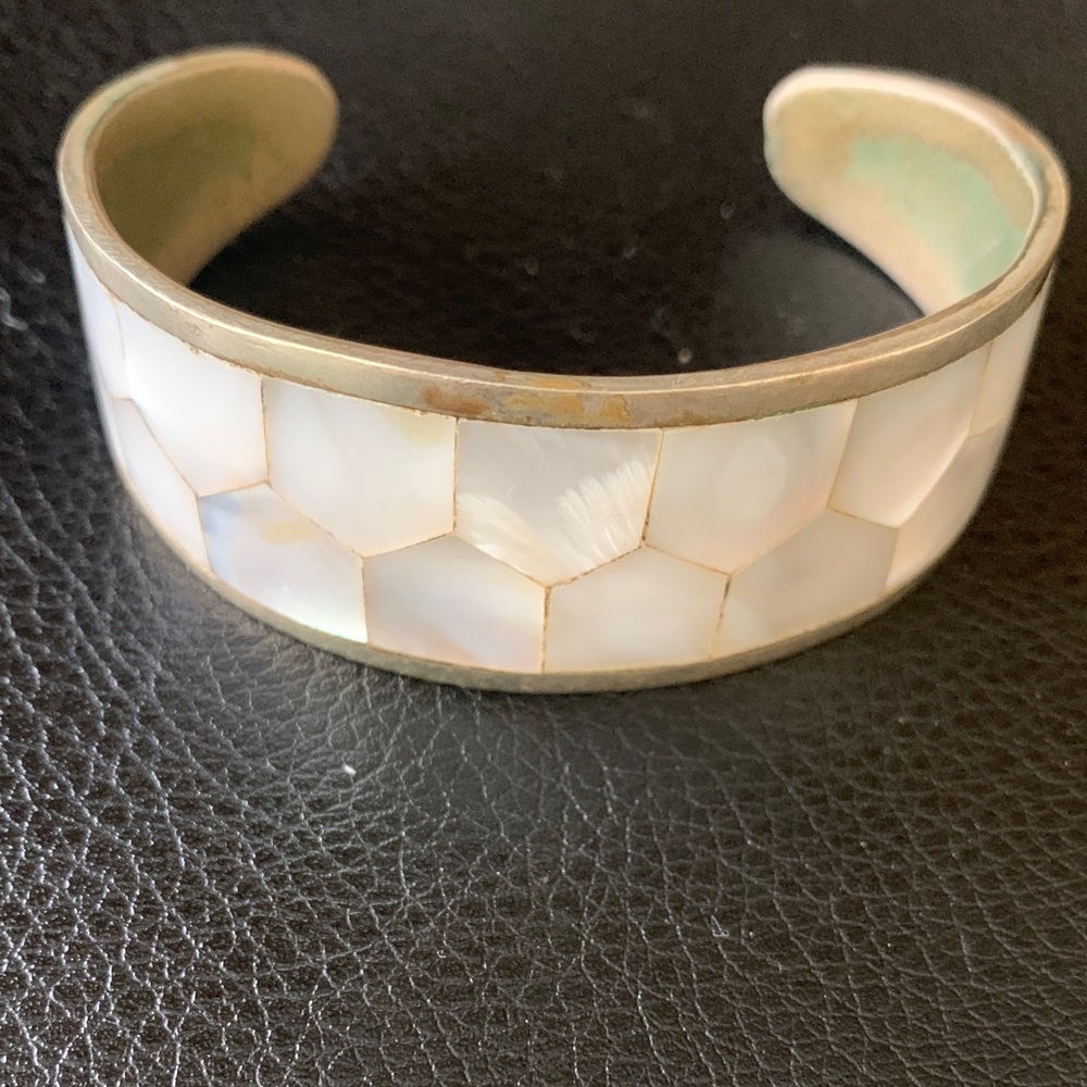 Vintage Mexican Alpaca Mother of Pearl Inlay Cuff Bracelet - Iridescent White
